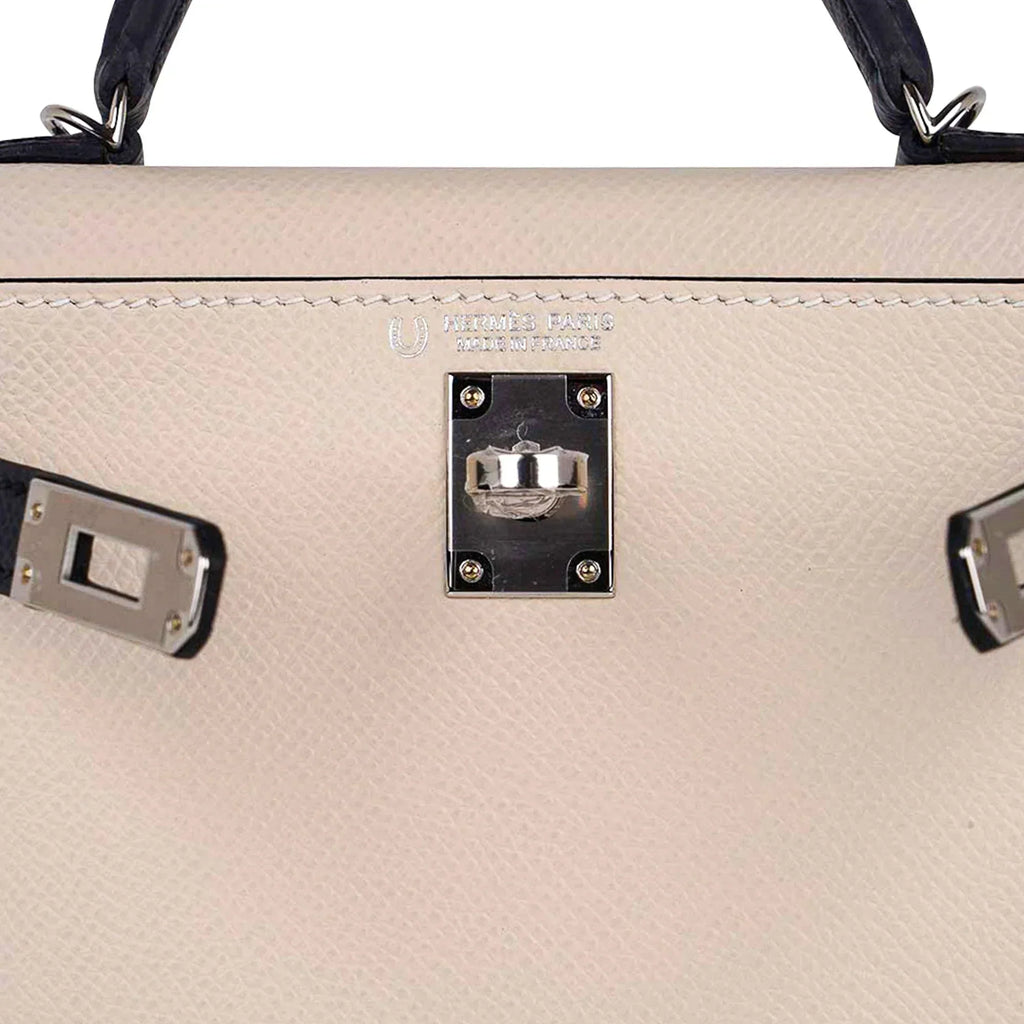Special Order HSS Mini Kelly 20 Bag Sellier Craie & Blue Indigo Epsom Leather with Palladium Hardware