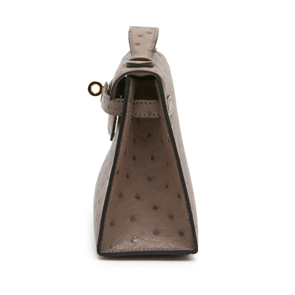 Kelly Pochette in Ostrich Leather with Gold Hardware Gris Tourterelle