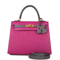 Kelly Sellier 25 Rose Pourpre and Gris Agate Ostrich Brushed Gold Hardware
