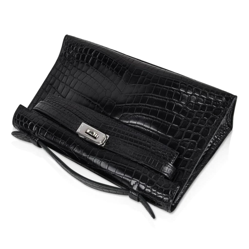 Kelly Pochette Bag Matte Black Crocodile Clutch Palladium