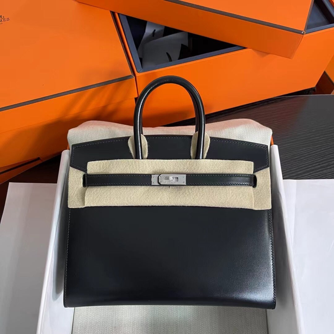 Hermès Birkin 25 Sellier Noir Box Calfskin Silver Hardware