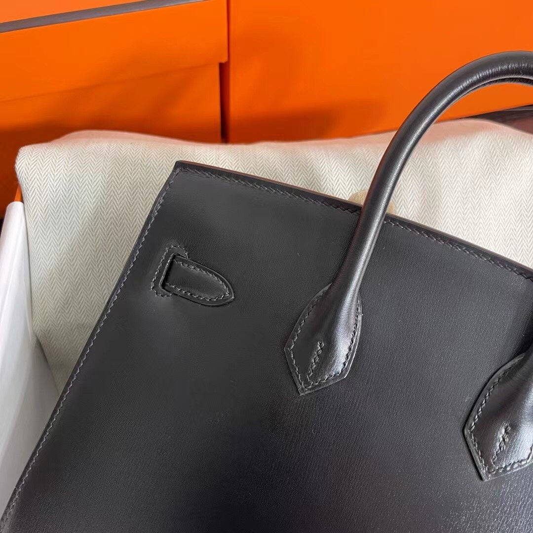 Hermès Birkin 25 Sellier Noir Box Calfskin Silver Hardware