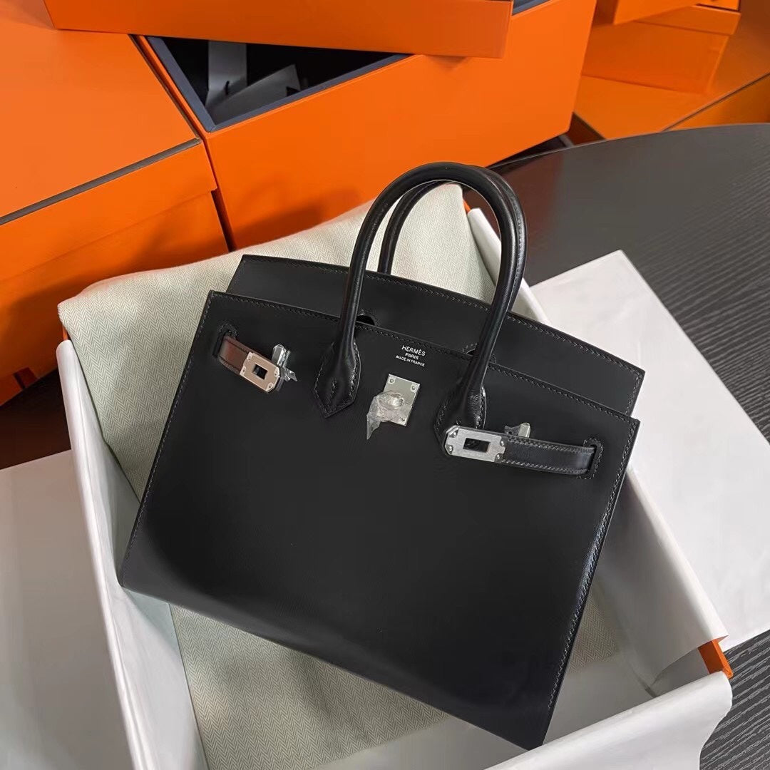 Hermès Birkin 25 Sellier Noir Box Calfskin Silver Hardware