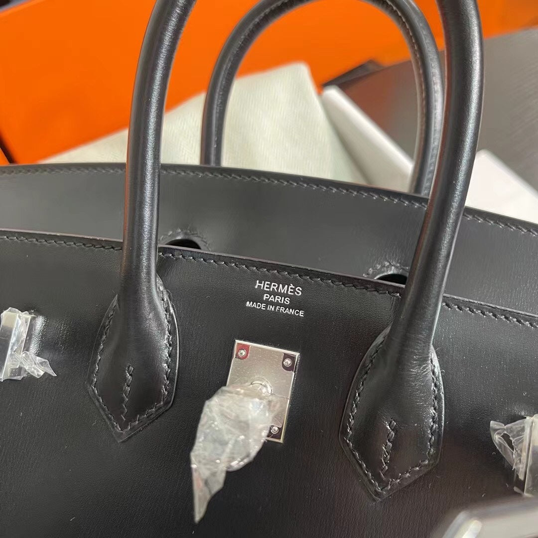 Hermès Birkin 25 Sellier Noir Box Calfskin Silver Hardware