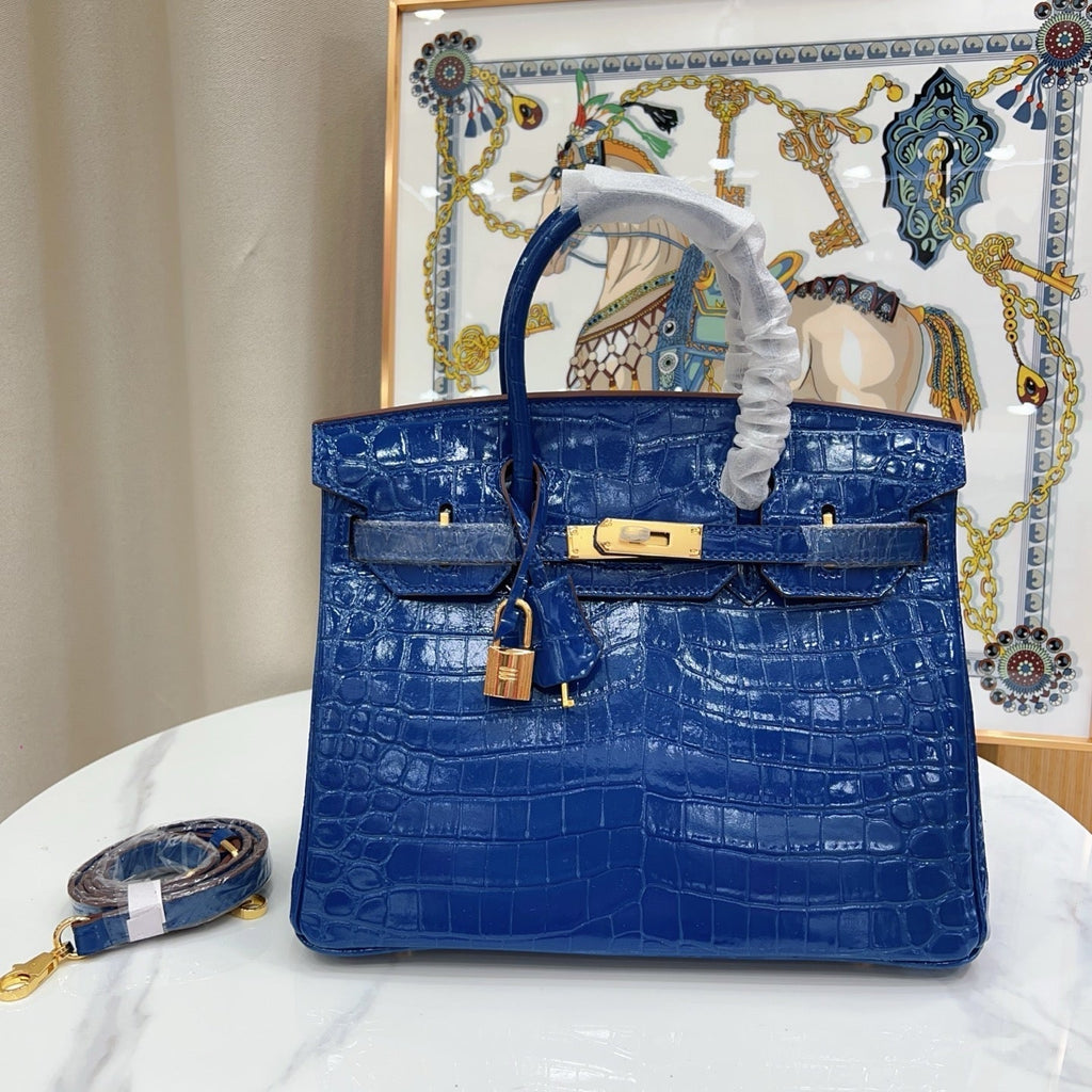 Birkin Style 25/30/35 Retourne in Royal Blue Crocodile-Embossed Leather (Gold Hardware)
