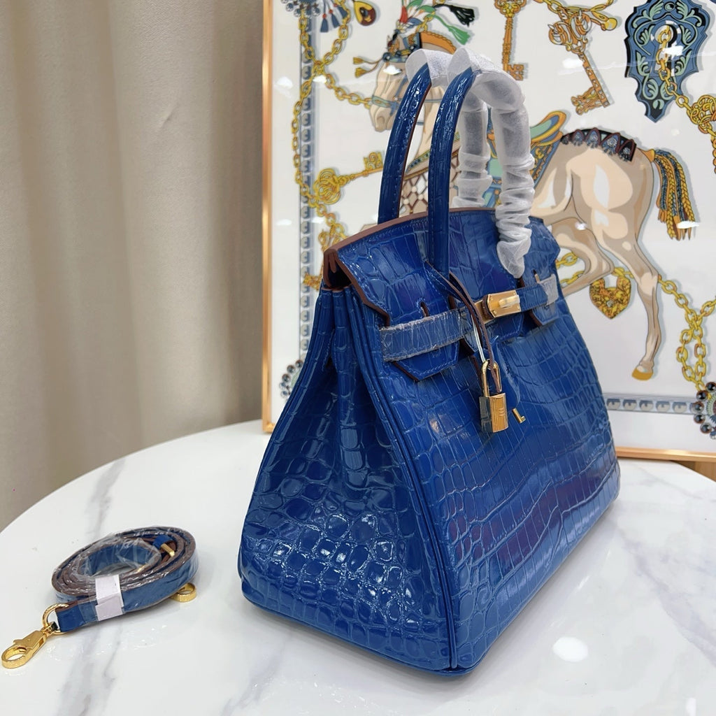 Birkin Style 25/30/35 Retourne in Royal Blue Crocodile-Embossed Leather (Gold Hardware)