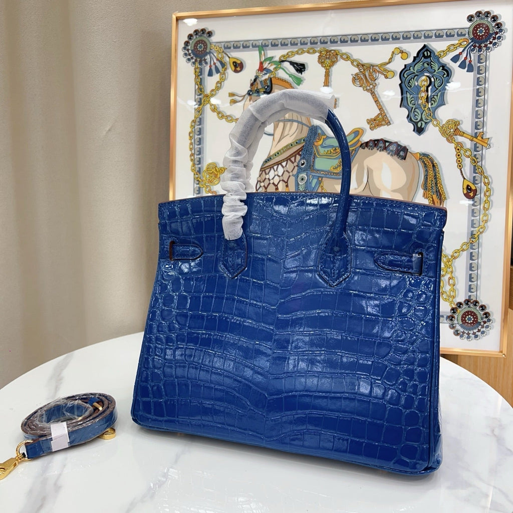 Birkin Style 25/30/35 Retourne in Royal Blue Crocodile-Embossed Leather (Gold Hardware)
