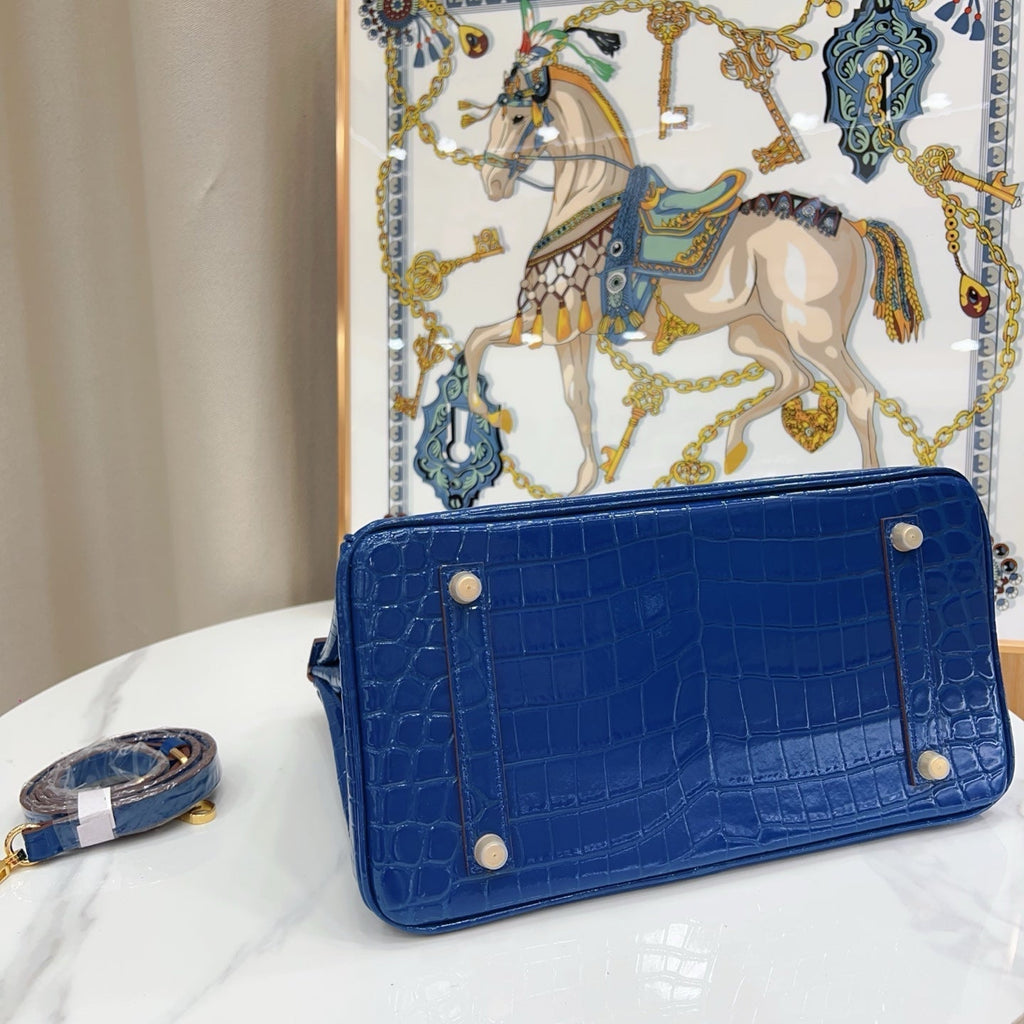 Birkin Style 25/30/35 Retourne in Royal Blue Crocodile-Embossed Leather (Gold Hardware)