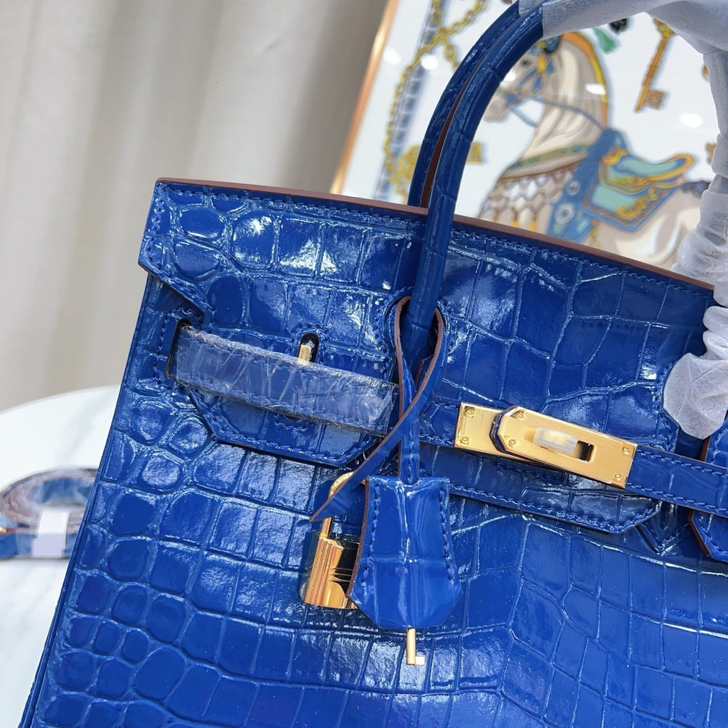 Birkin Style 25/30/35 Retourne in Royal Blue Crocodile-Embossed Leather (Gold Hardware)