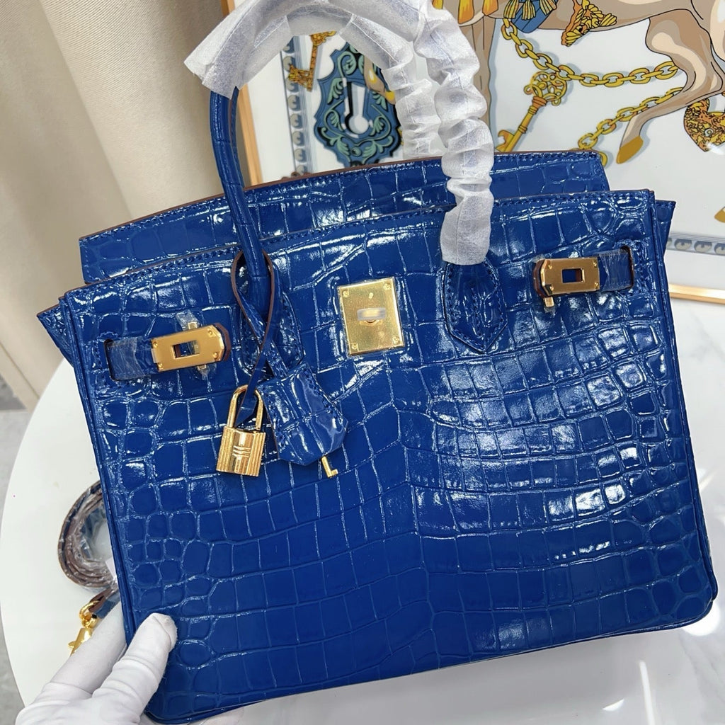 Birkin Style 25/30/35 Retourne in Royal Blue Crocodile-Embossed Leather (Gold Hardware)