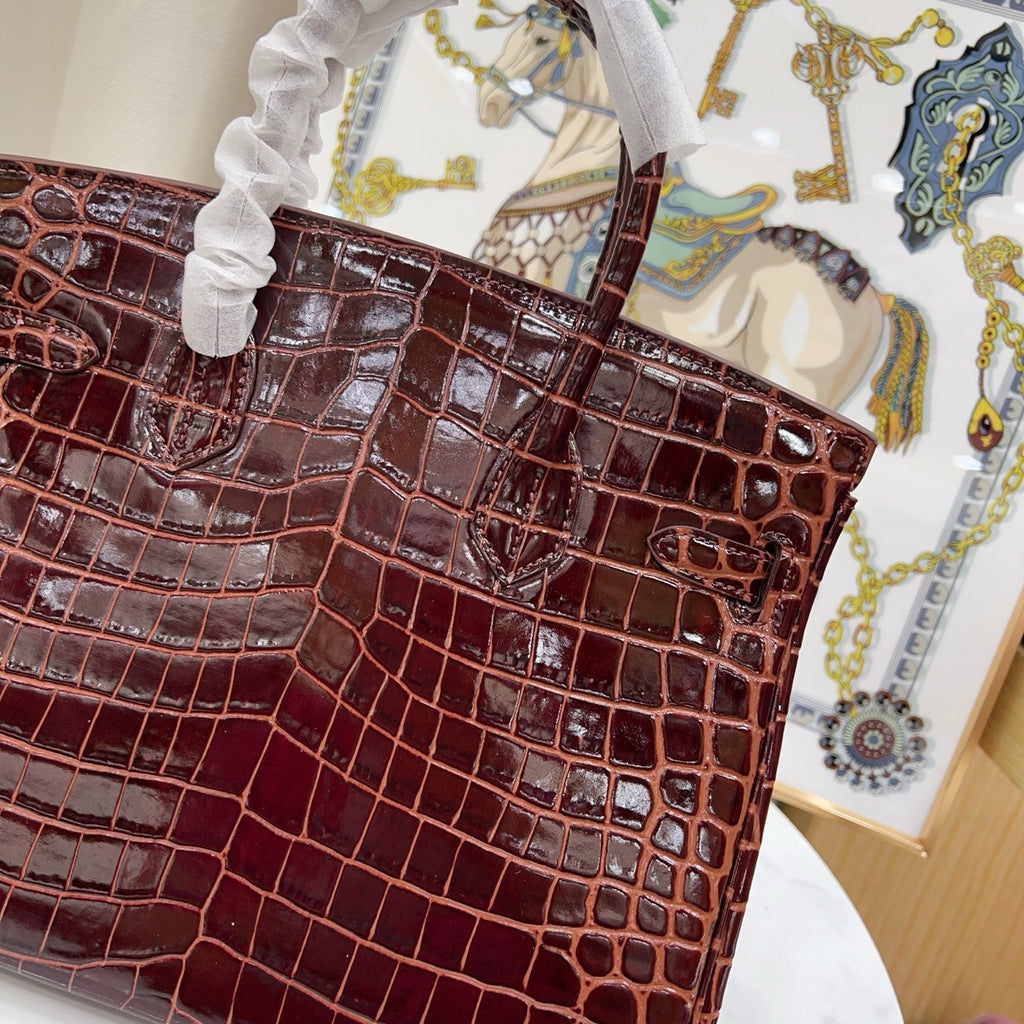 Birkin Style 25/30 Retourne in Rouge H Crocodile-Embossed Leather (Gold Hardware)
