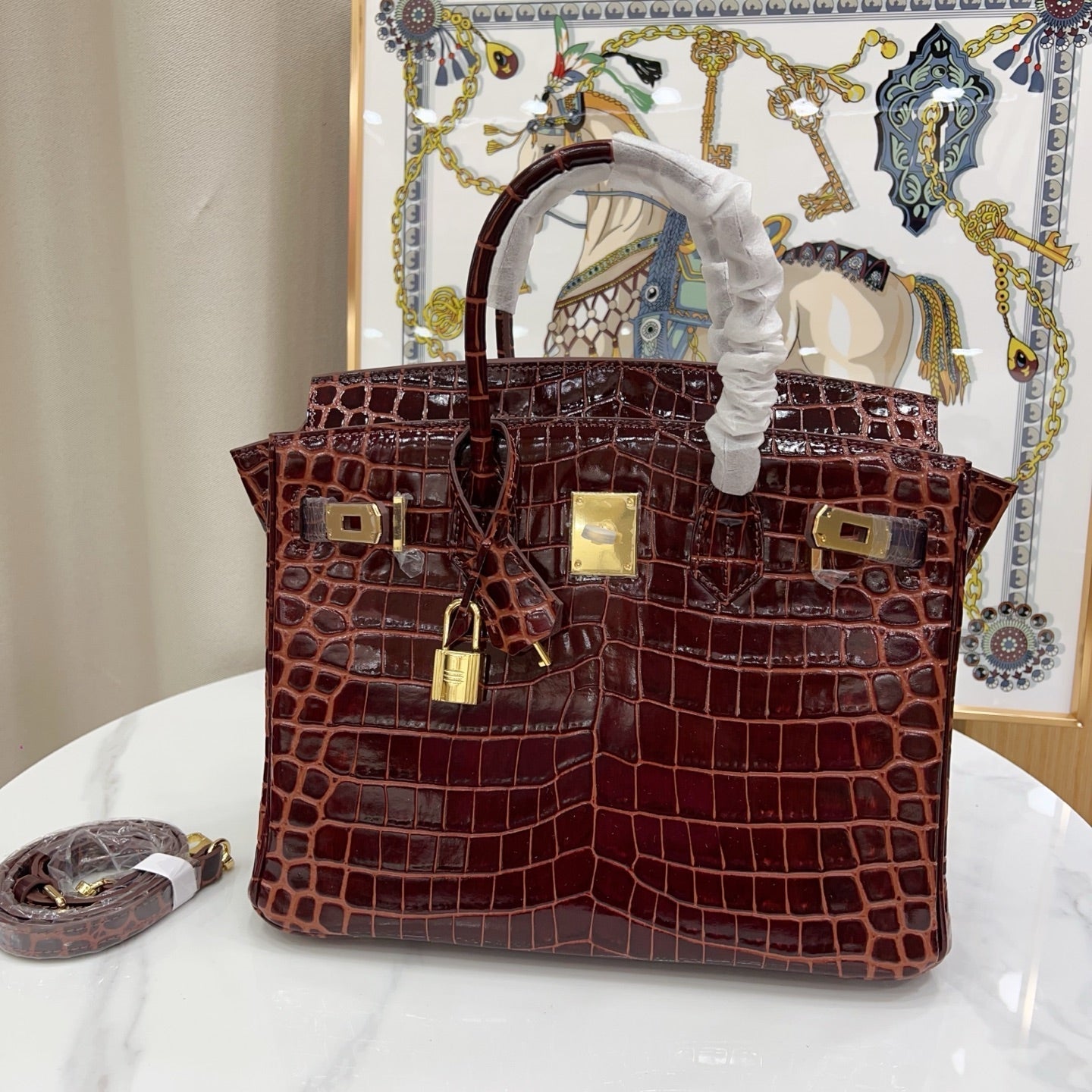 Birkin Style 25/30 Retourne in Rouge H Crocodile-Embossed Leather (Gold Hardware)