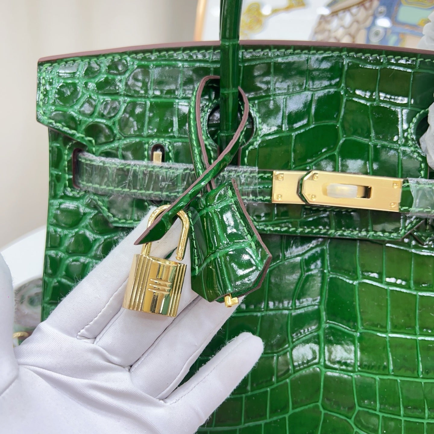 Birkin Style 25/30/35 Retourne in Vert Émeraude Crocodile-Embossed Leather (Gold Hardware)