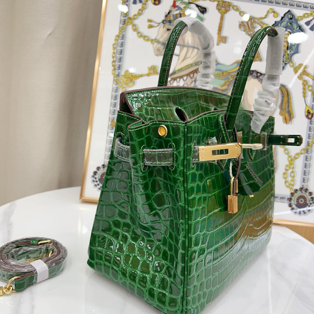 Birkin Style 25/30/35 Retourne in Vert Émeraude Crocodile-Embossed Leather (Gold Hardware)