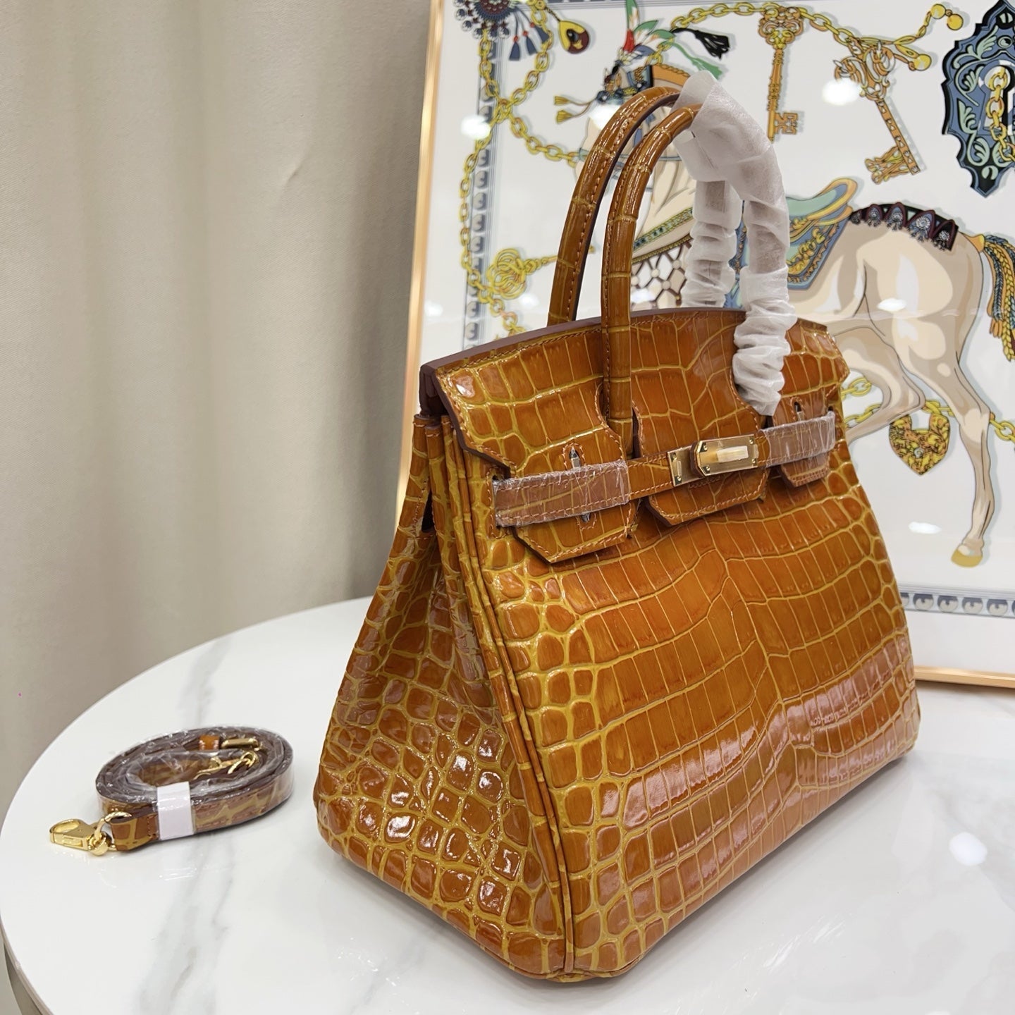 Birkin Style 25/30/35 Retourne in Miel/Gold Crocodile-Embossed Leather (Gold Hardware)