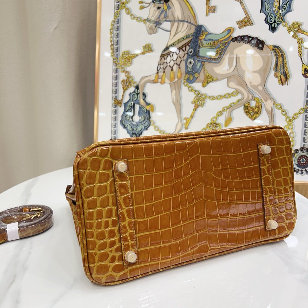 Birkin Style 25/30/35 Retourne in Miel/Gold Crocodile-Embossed Leather (Gold Hardware)