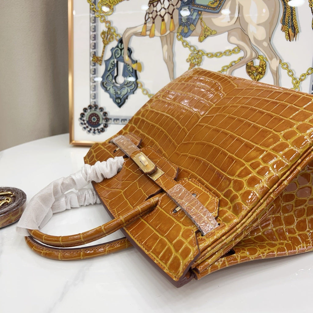 Birkin Style 25/30/35 Retourne in Miel/Gold Crocodile-Embossed Leather (Gold Hardware)