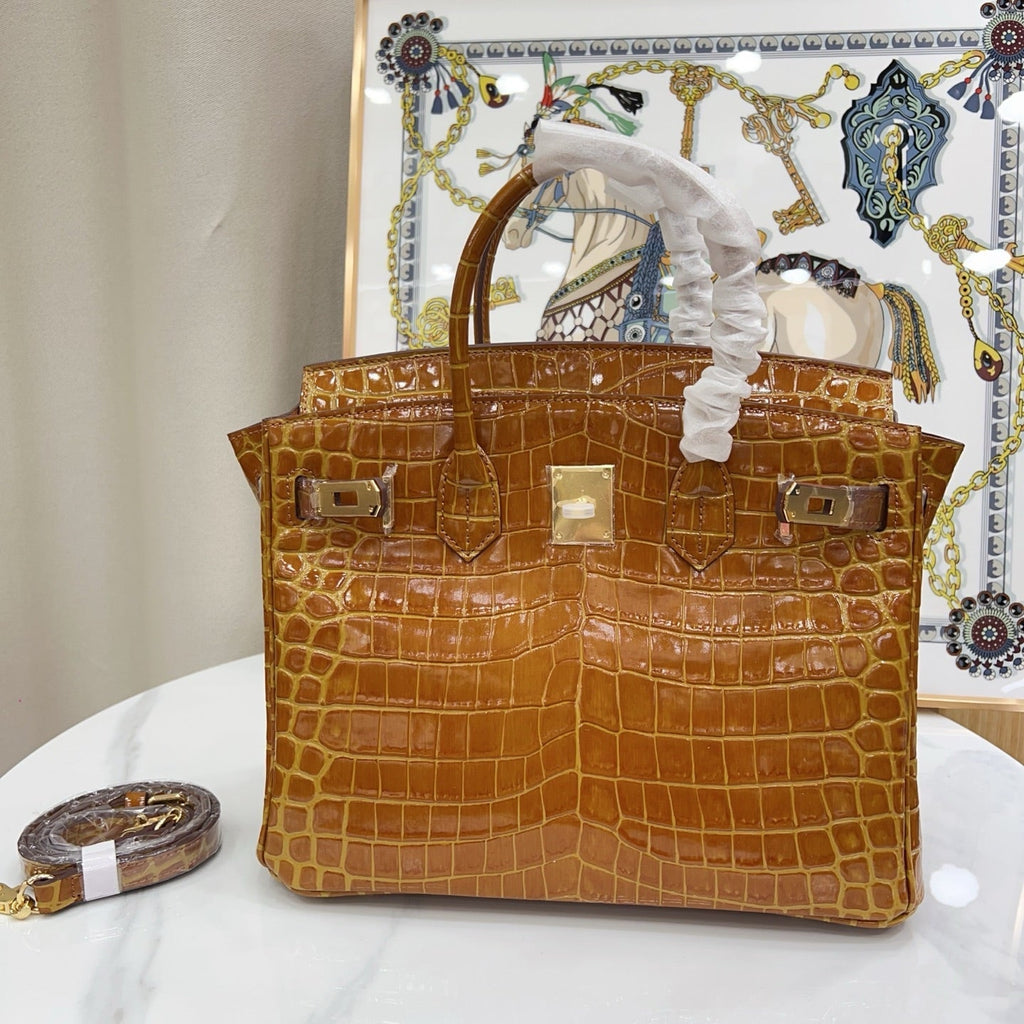 Birkin Style 25/30/35 Retourne in Miel/Gold Crocodile-Embossed Leather (Gold Hardware)