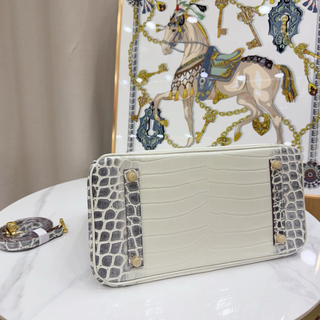 Birkin Style 25/30/35 Retourne in Himalaya Crocodile-Embossed Leather (Gold Hardware)