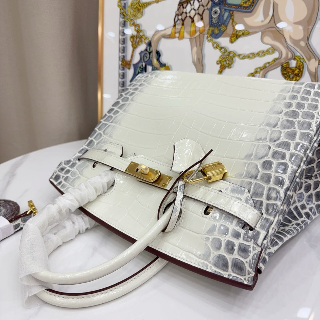 Birkin Style 25/30/35 Retourne in Himalaya Crocodile-Embossed Leather (Gold Hardware)