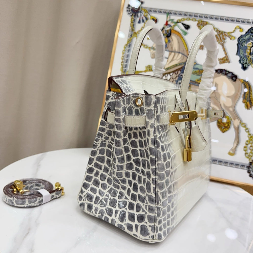 Birkin Style 25/30/35 Retourne in Himalaya Crocodile-Embossed Leather (Gold Hardware)
