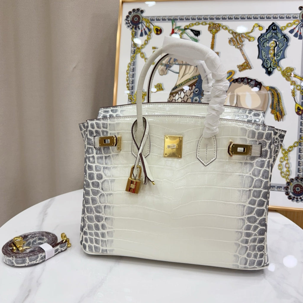 Birkin Style 25/30/35 Retourne in Himalaya Crocodile-Embossed Leather (Gold Hardware)