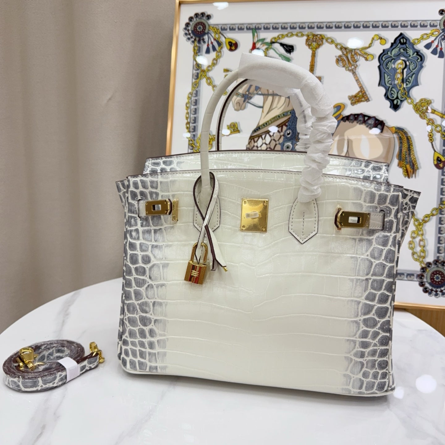 Birkin Style 25/30/35 Retourne in Himalaya Crocodile-Embossed Leather (Gold Hardware)