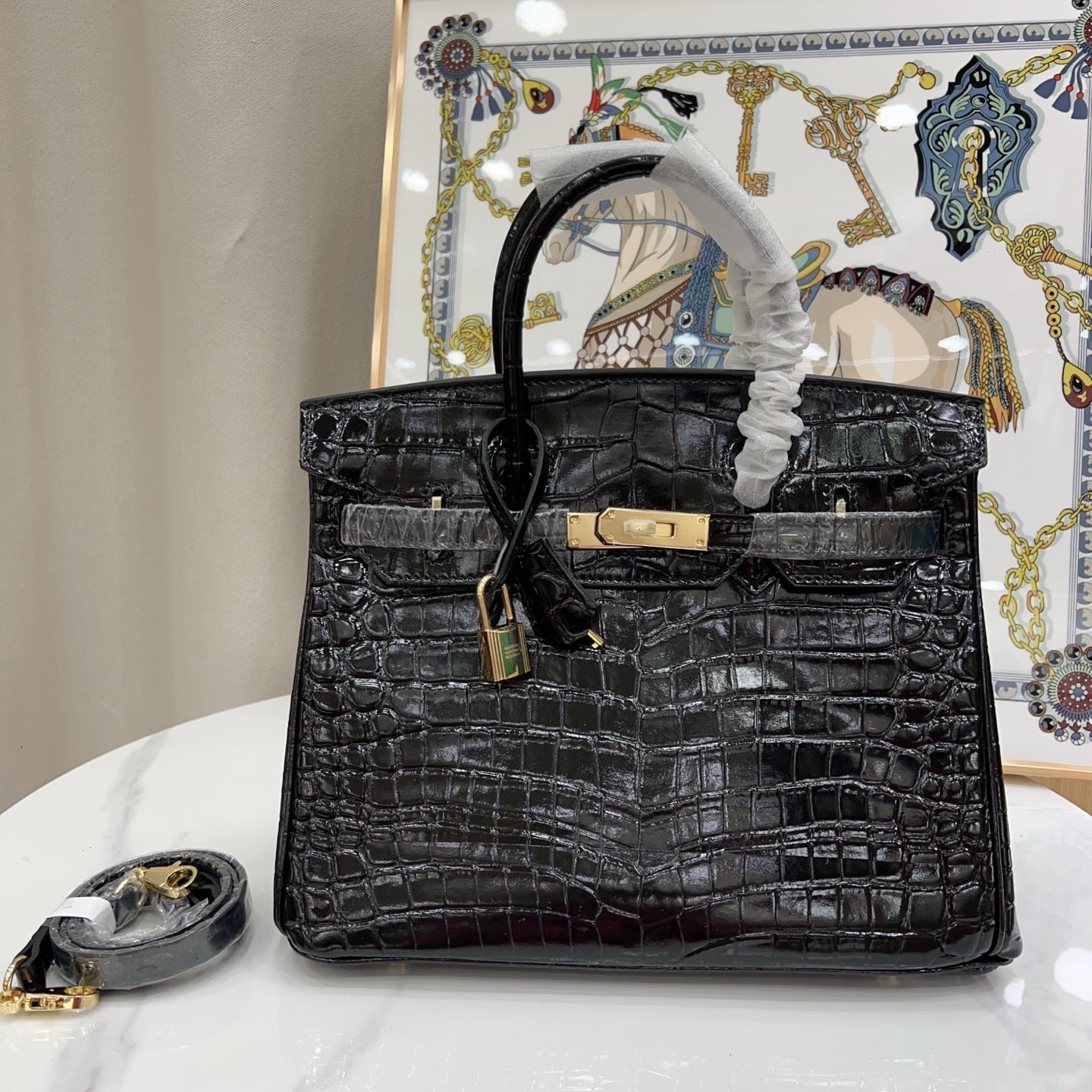 Birkin Style 25/30/35 Retourne in Noir Crocodile-Embossed Leather (Gold Hardware)