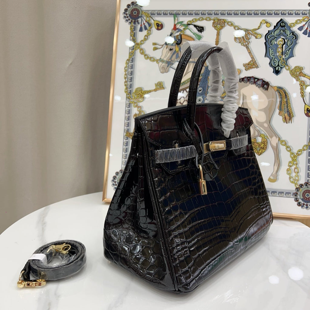 Birkin Style 25/30/35 Retourne in Noir Crocodile-Embossed Leather (Gold Hardware)