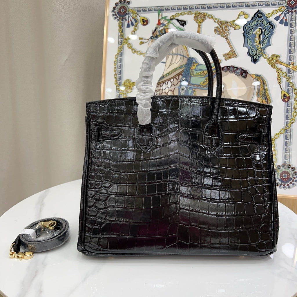 Birkin Style 25/30/35 Retourne in Noir Crocodile-Embossed Leather (Gold Hardware)