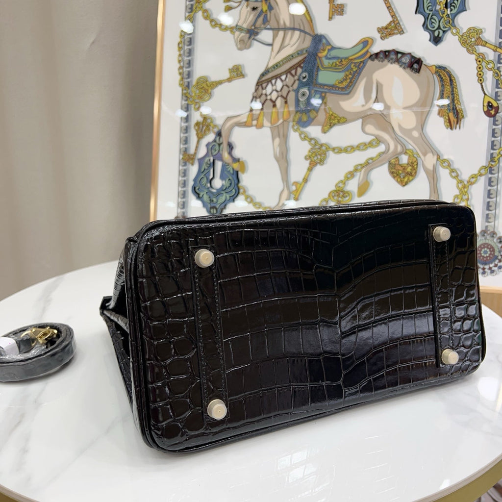 Birkin Style 25/30/35 Retourne in Noir Crocodile-Embossed Leather (Gold Hardware)