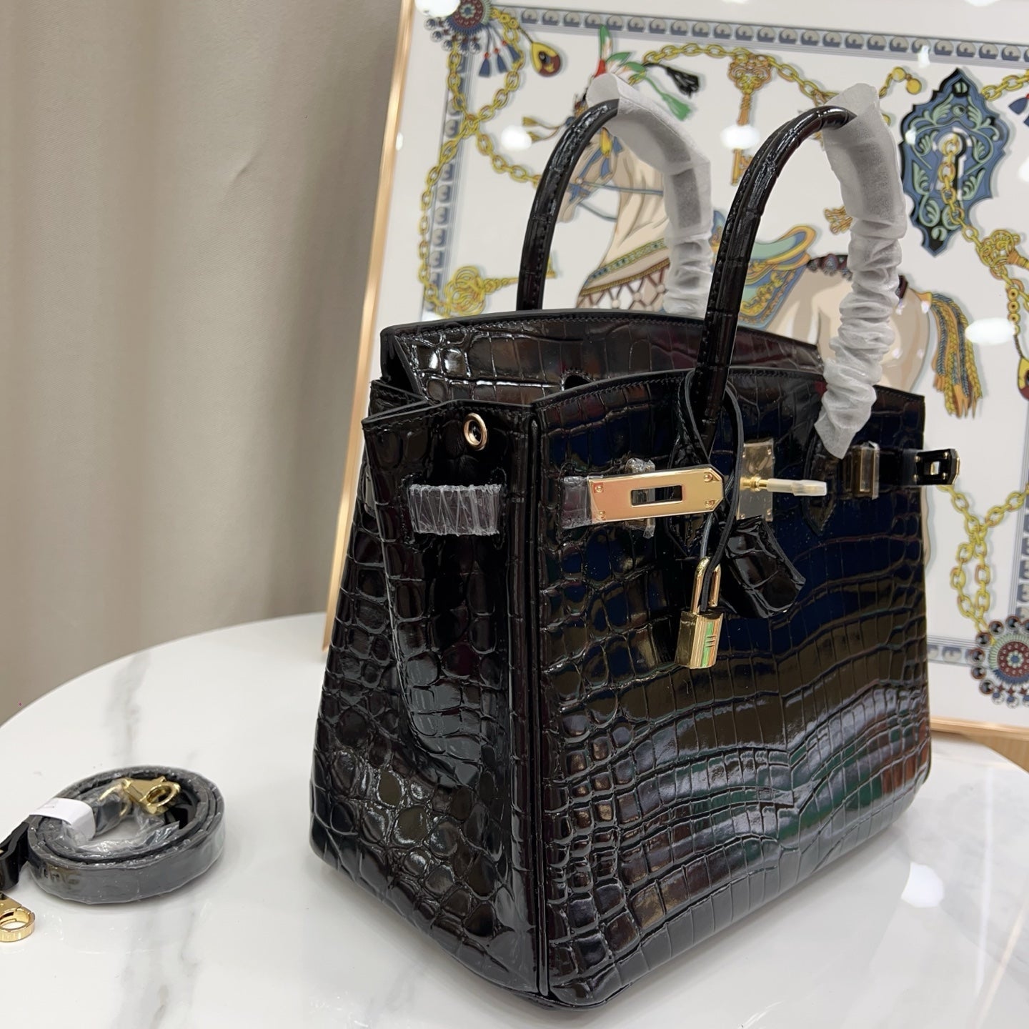 Birkin Style 25/30/35 Retourne in Noir Crocodile-Embossed Leather (Gold Hardware)