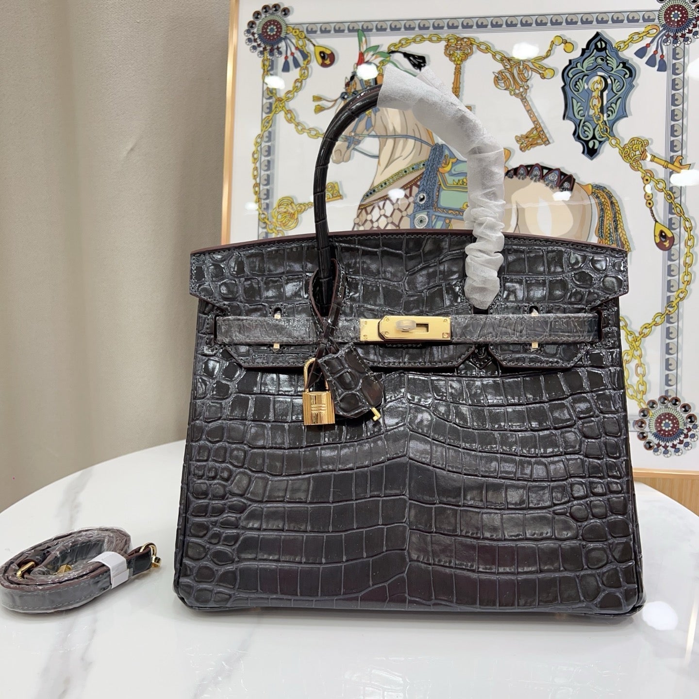 Birkin Style 25/30/35 Retourne in Etoupe Crocodile-Embossed Leather (Gold Hardware)