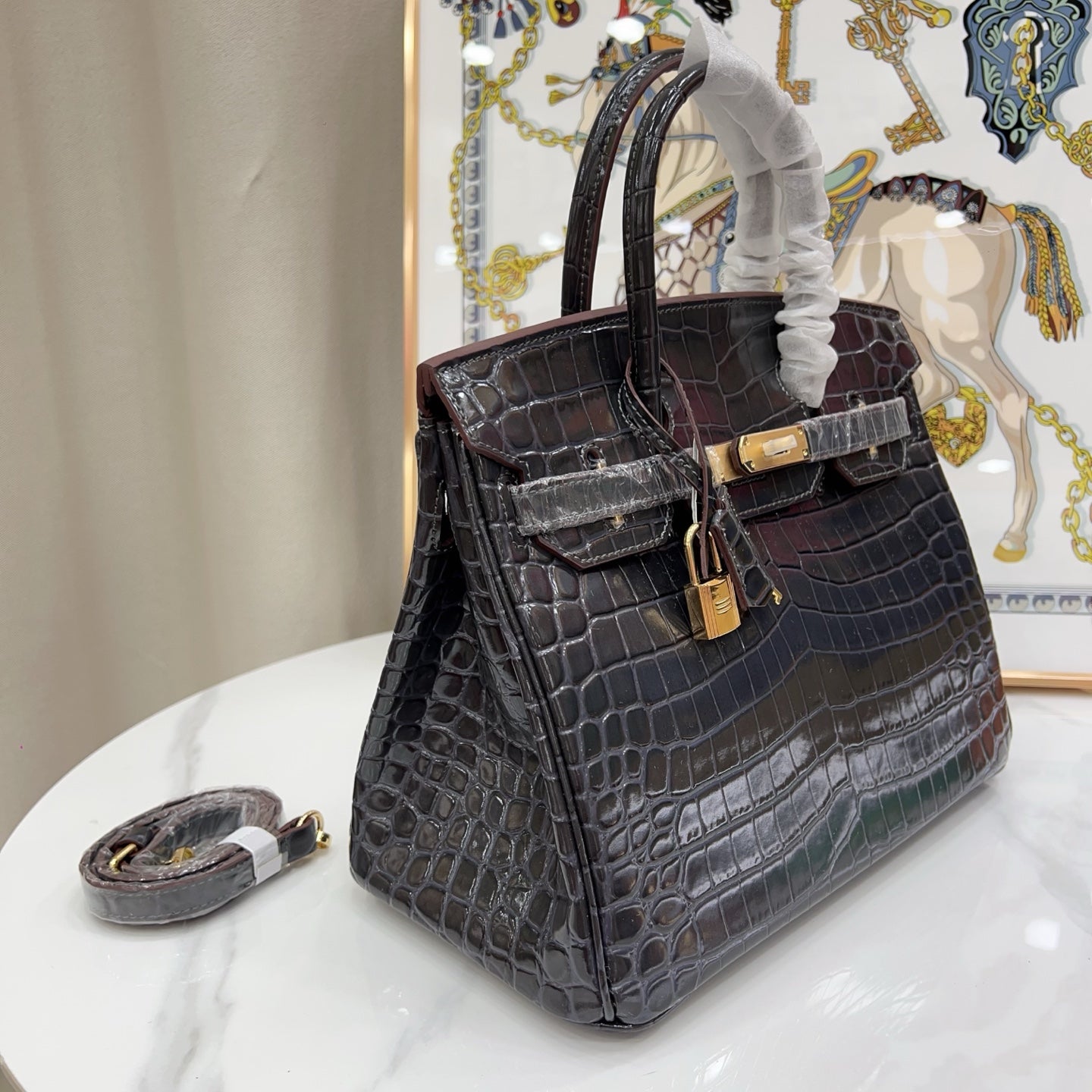 Birkin Style 25/30/35 Retourne in Etoupe Crocodile-Embossed Leather (Gold Hardware)