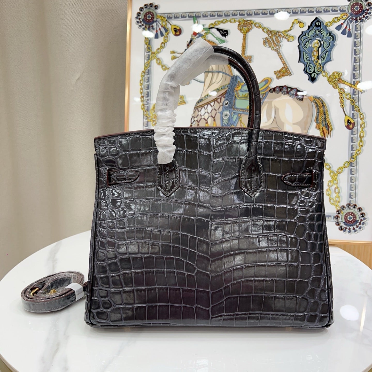 Birkin Style 25/30/35 Retourne in Etoupe Crocodile-Embossed Leather (Gold Hardware)