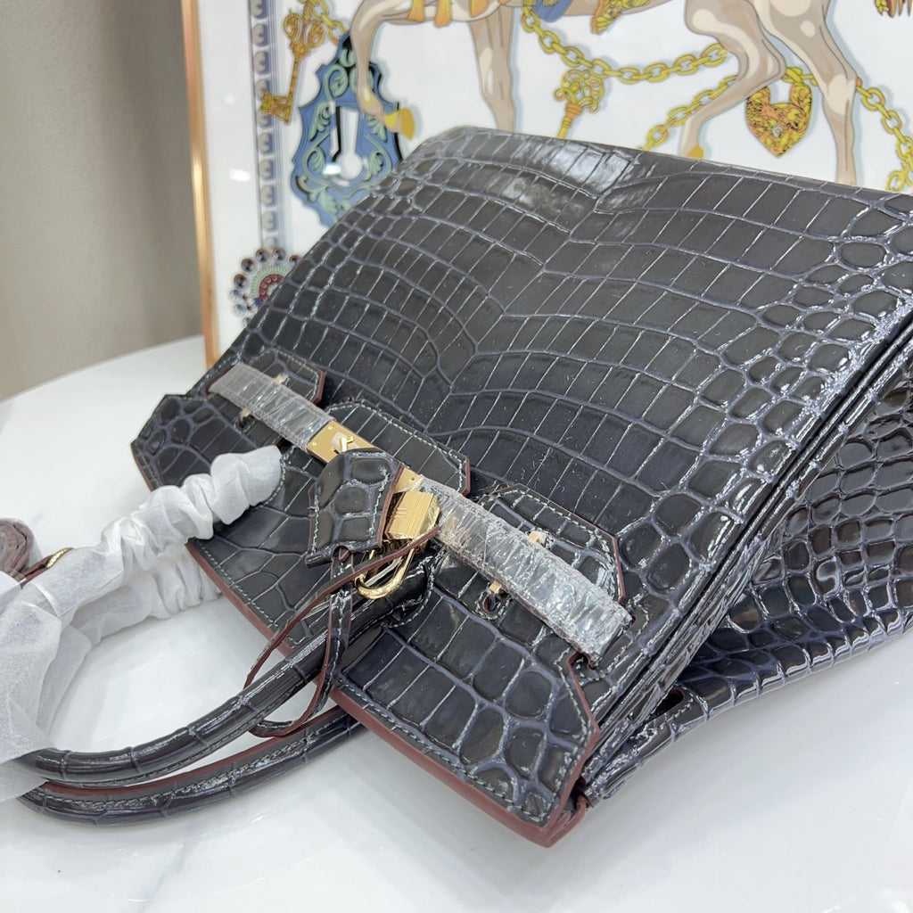 Birkin Style 25/30/35 Retourne in Etoupe Crocodile-Embossed Leather (Gold Hardware)