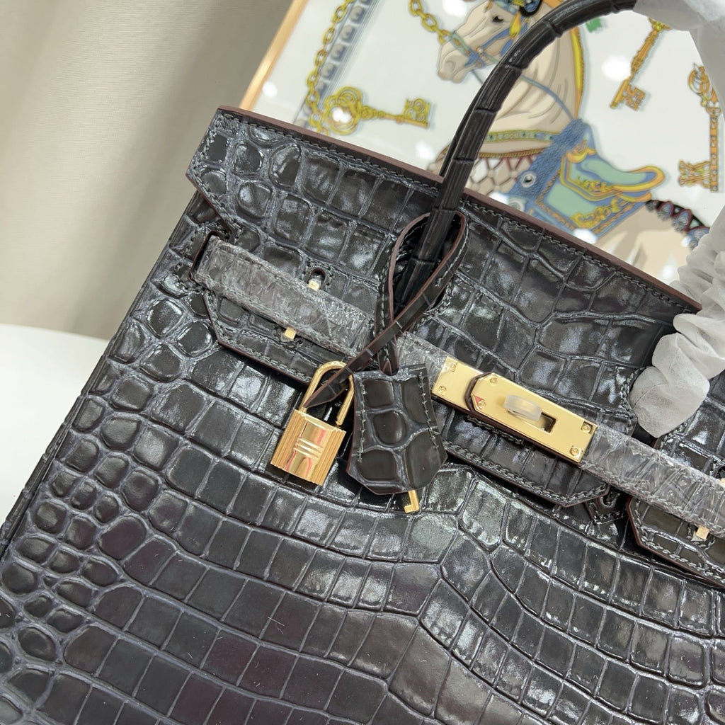 Birkin Style 25/30/35 Retourne in Etoupe Crocodile-Embossed Leather (Gold Hardware)