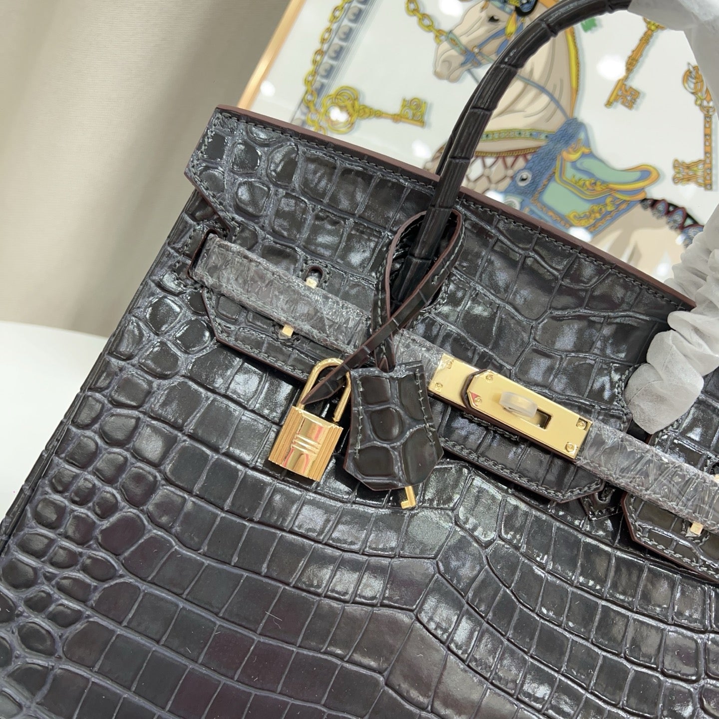 Birkin Style 25/30/35 Retourne in Etoupe Crocodile-Embossed Leather (Gold Hardware)