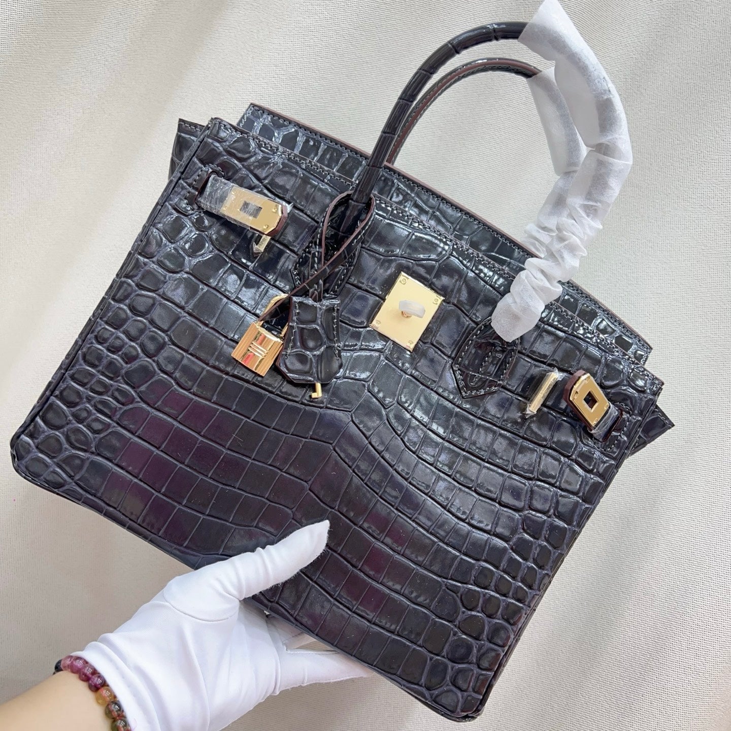 Birkin Style 25/30/35 Retourne in Etoupe Crocodile-Embossed Leather (Gold Hardware)