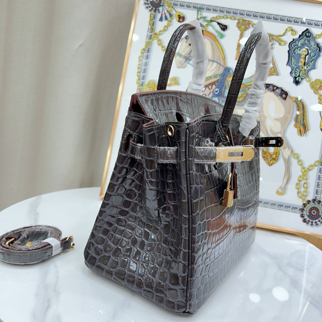 Birkin Style 25/30/35 Retourne in Etoupe Crocodile-Embossed Leather (Gold Hardware)