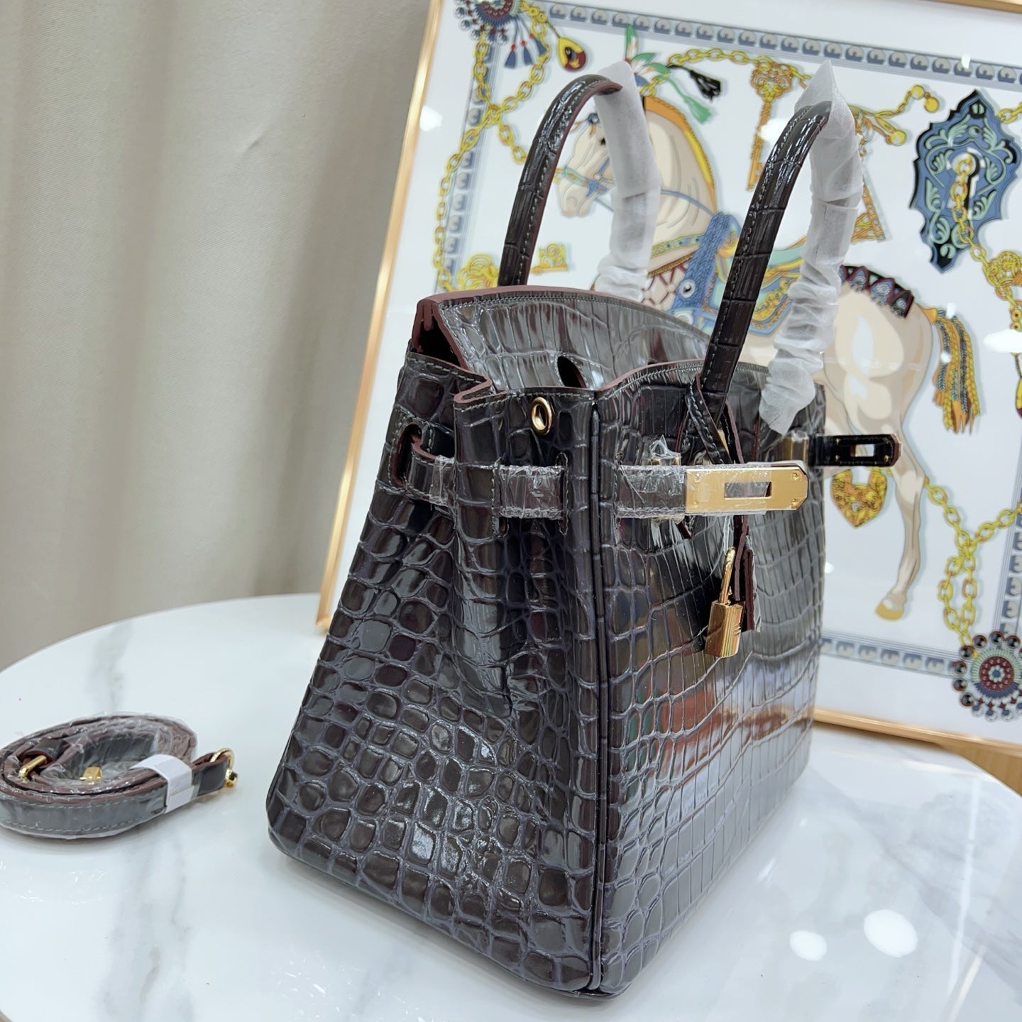 Birkin Style 25/30/35 Retourne in Etoupe Crocodile-Embossed Leather (Gold Hardware)