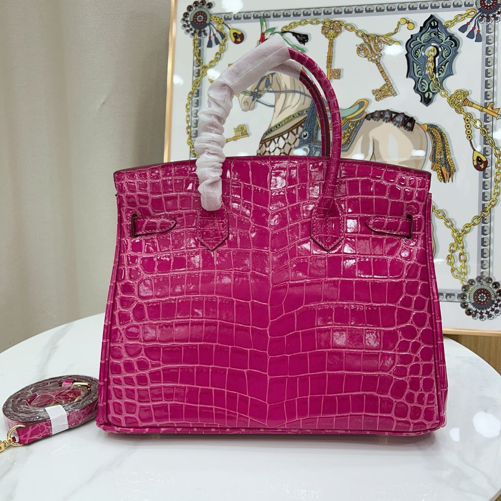 Birkin Style 25/30/35 Retourne in Rose Schéhérazade Crocodile-Embossed Leather (Gold Hardware)