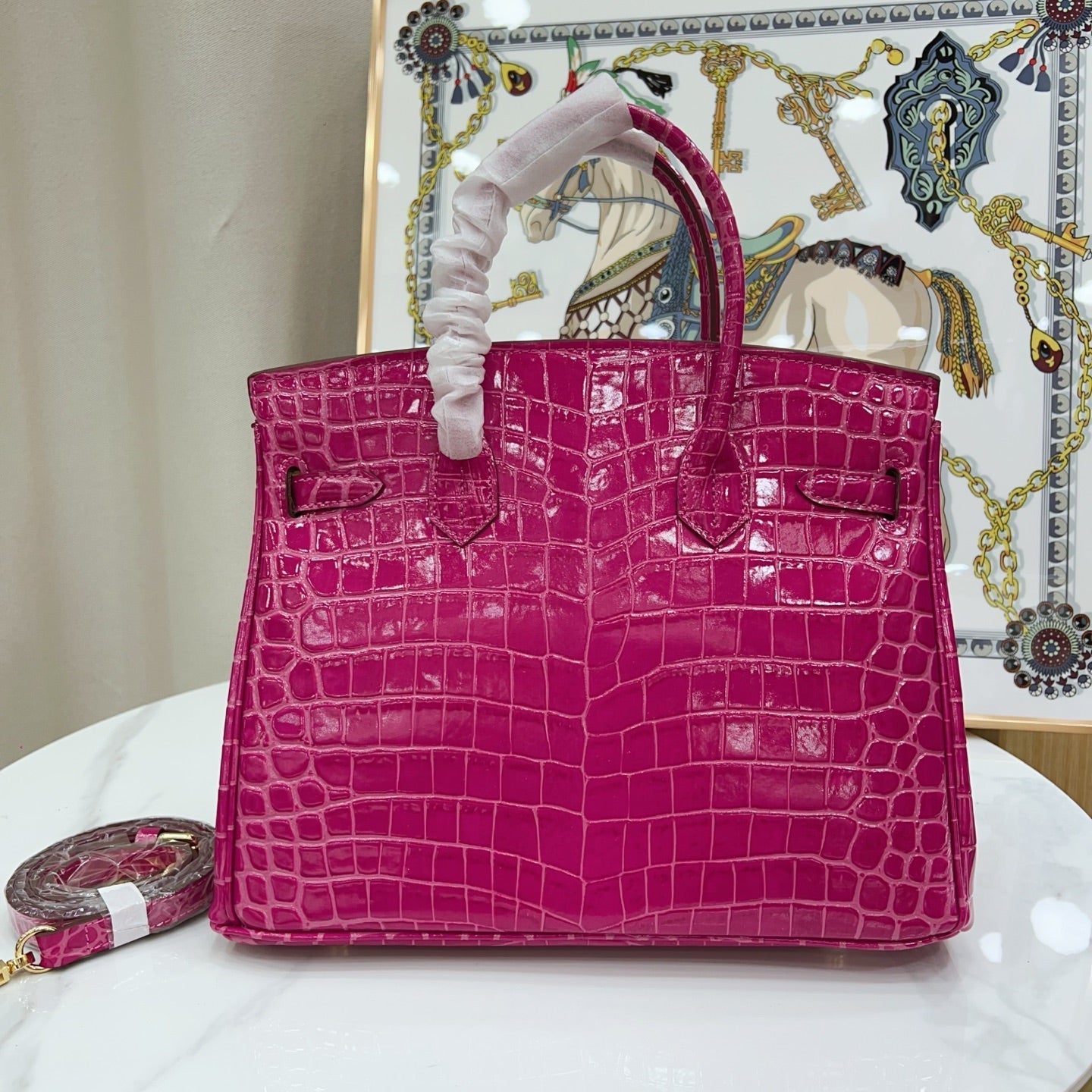 Birkin Style 25/30/35 Retourne in Rose Schéhérazade Crocodile-Embossed Leather (Gold Hardware)