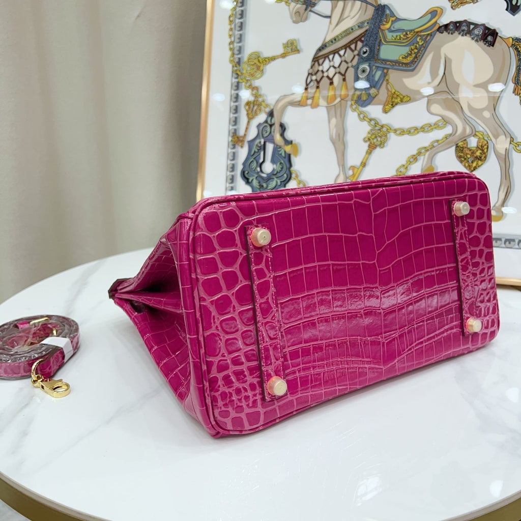 Birkin Style 25/30/35 Retourne in Rose Schéhérazade Crocodile-Embossed Leather (Gold Hardware)