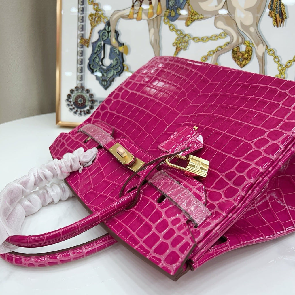 Birkin Style 25/30/35 Retourne in Rose Schéhérazade Crocodile-Embossed Leather (Gold Hardware)