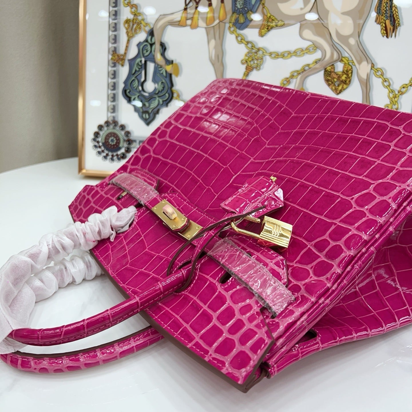 Birkin Style 25/30/35 Retourne in Rose Schéhérazade Crocodile-Embossed Leather (Gold Hardware)