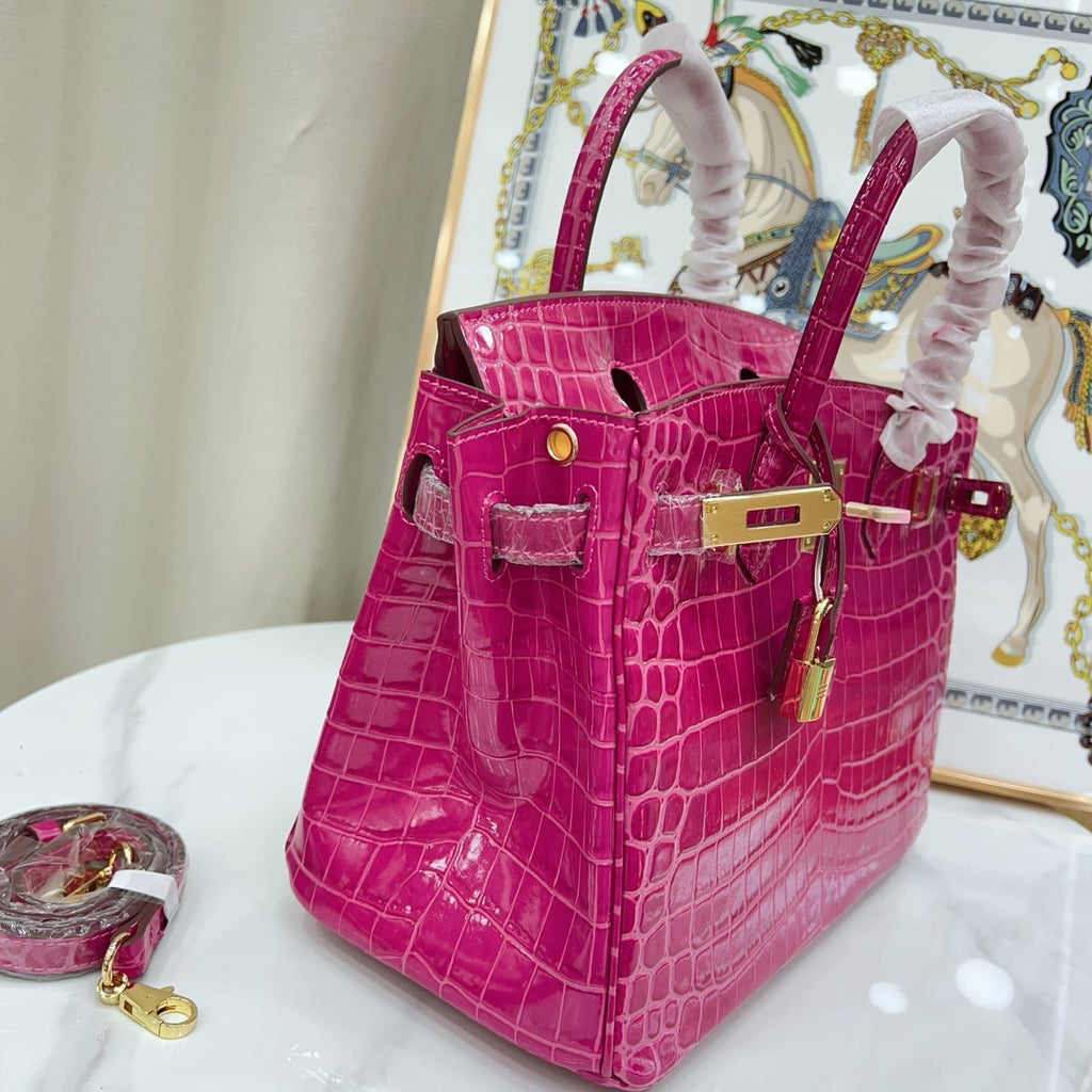 Birkin Style 25/30/35 Retourne in Rose Schéhérazade Crocodile-Embossed Leather (Gold Hardware)