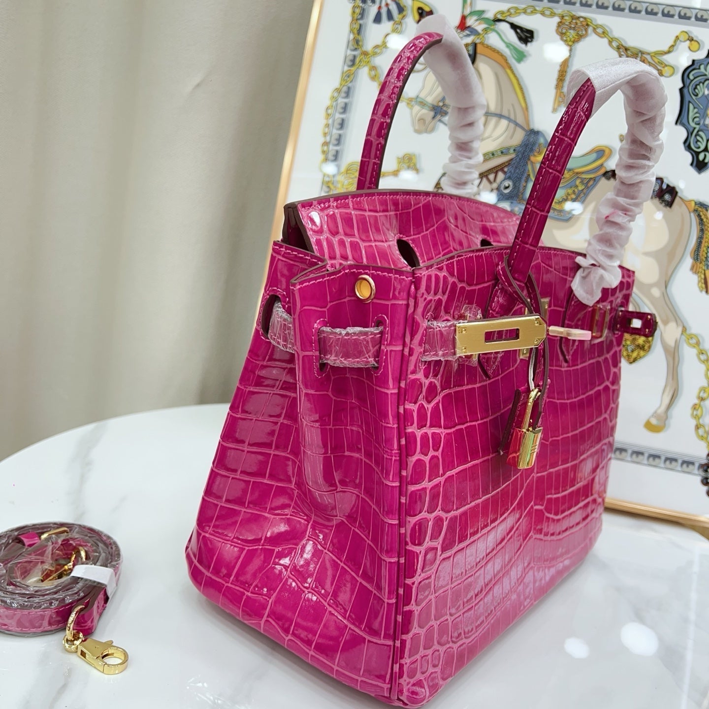 Birkin Style 25/30/35 Retourne in Rose Schéhérazade Crocodile-Embossed Leather (Gold Hardware)