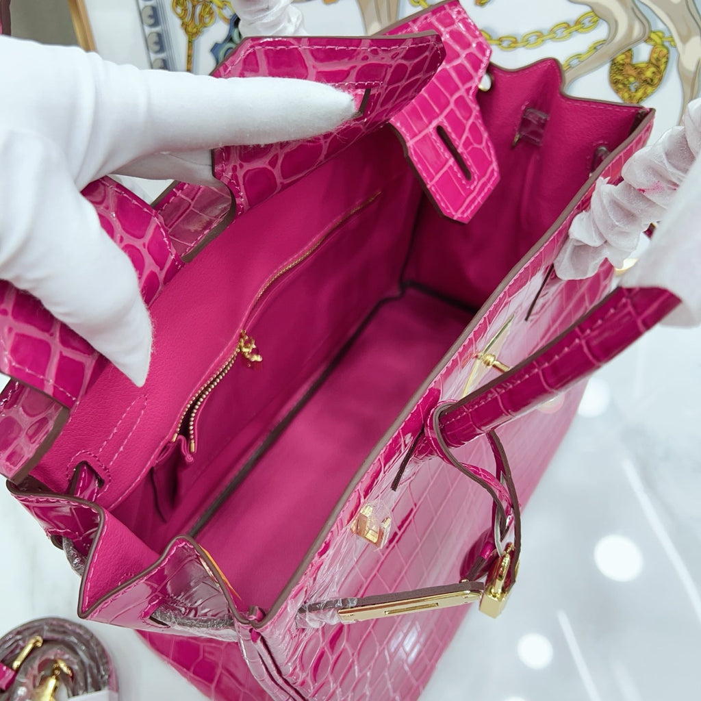 Birkin Style 25/30/35 Retourne in Rose Schéhérazade Crocodile-Embossed Leather (Gold Hardware)