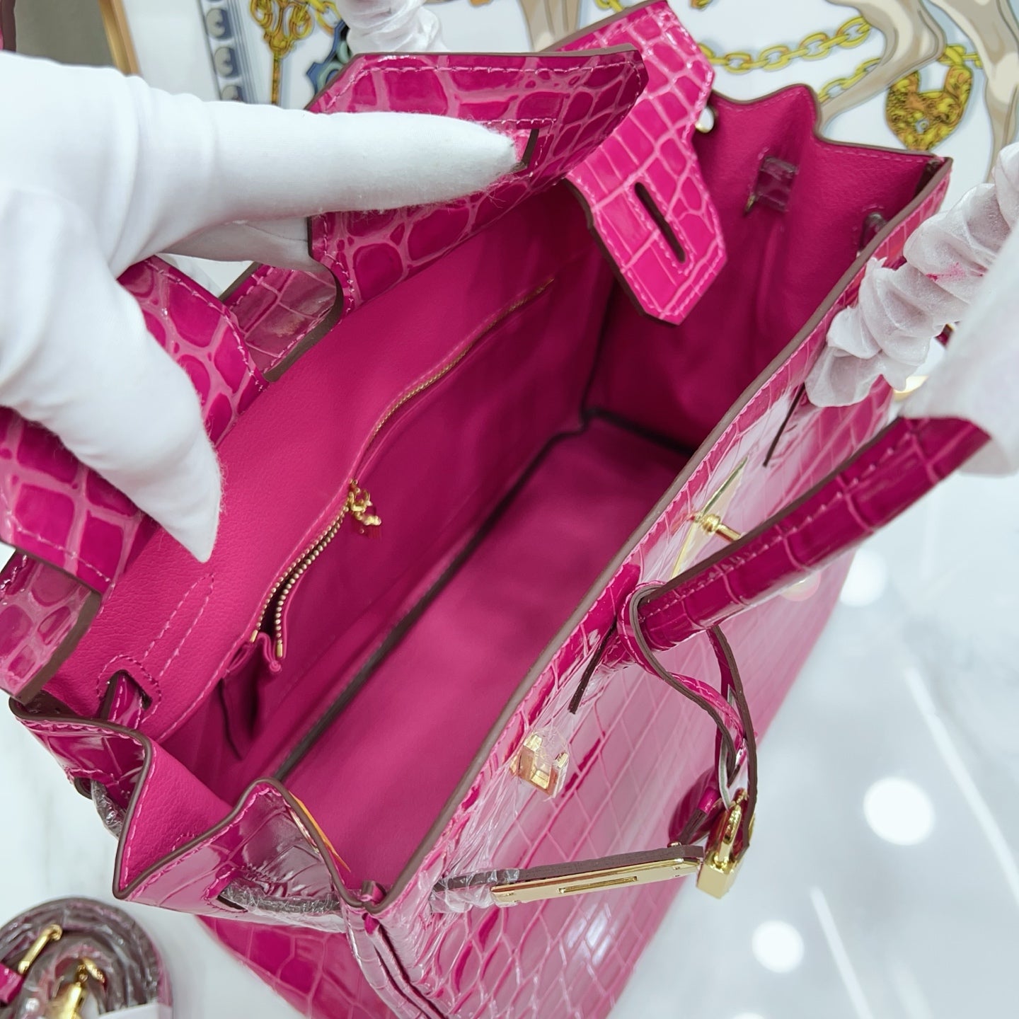 Birkin Style 25/30/35 Retourne in Rose Schéhérazade Crocodile-Embossed Leather (Gold Hardware)